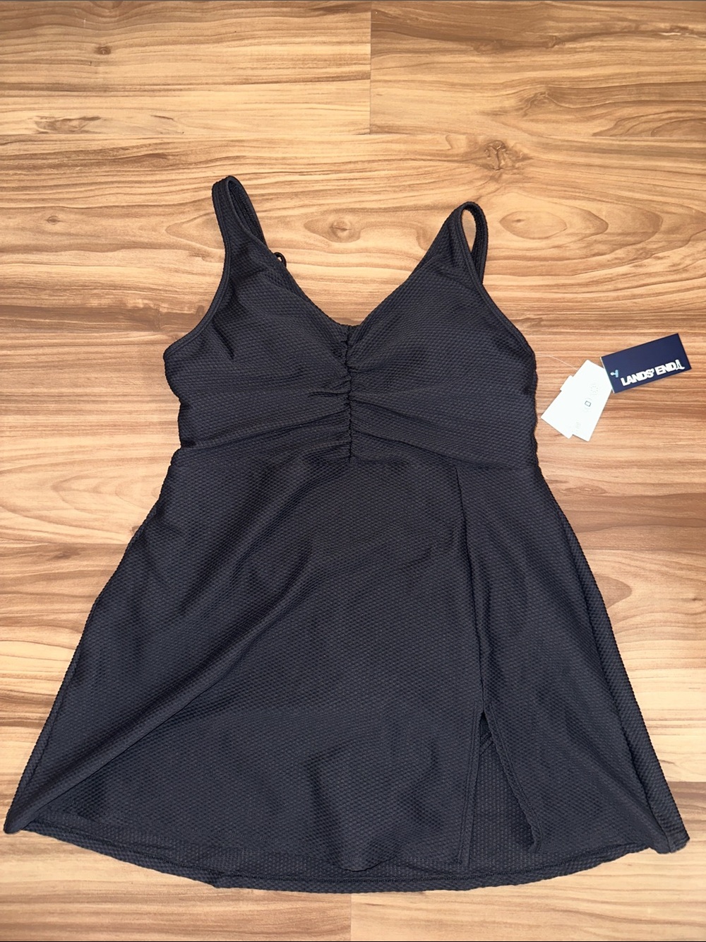 Lands' End Black Textured Swimdress with Ruched Front